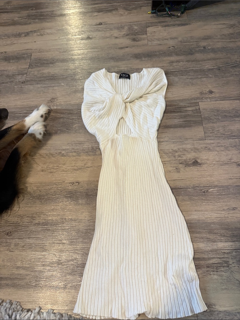 VICI Cream Ribbed Twist-Front Midi Dress